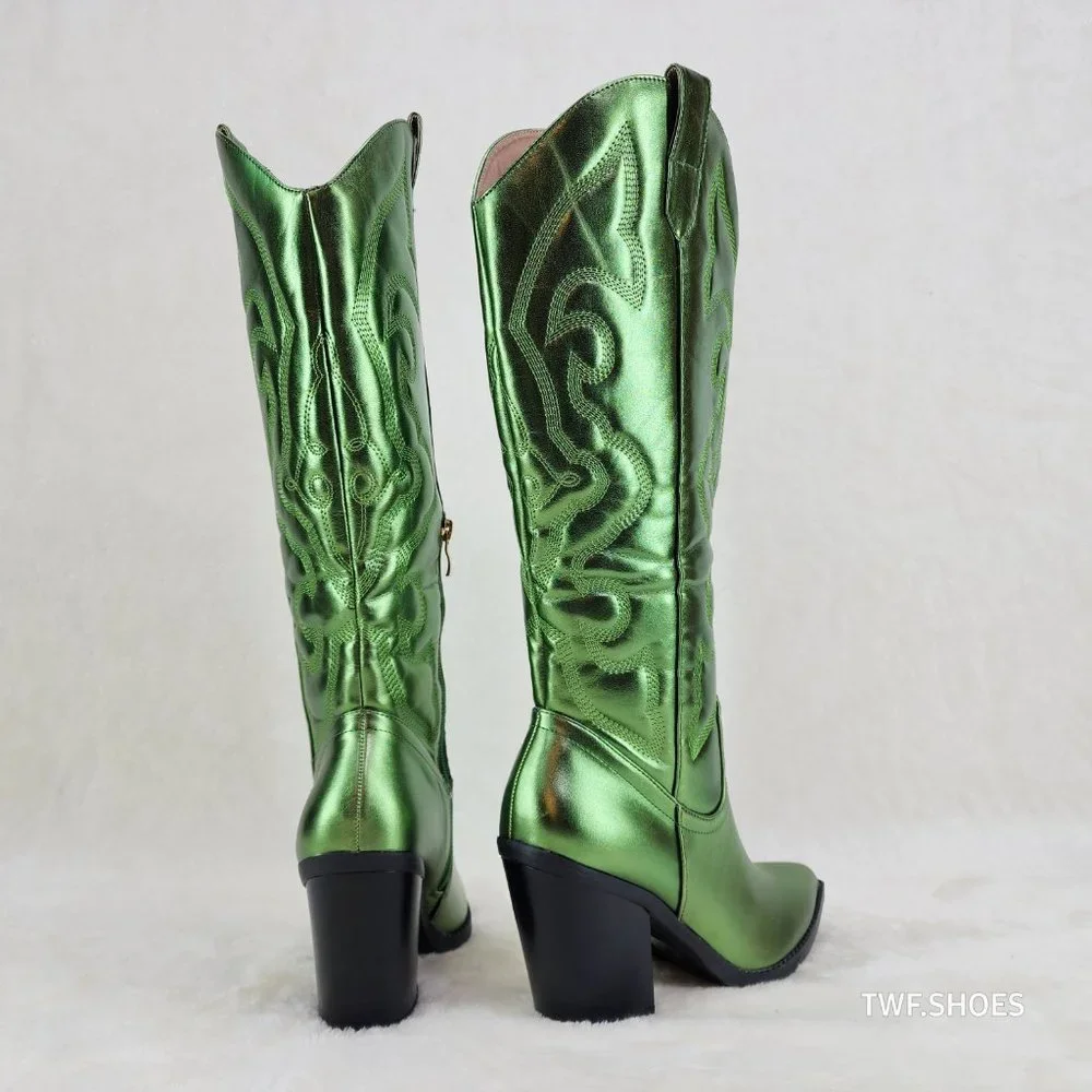 Electric Cowboy Brush Metallic Matte Western Knee High Cowgirl Boots Green - Picture 6 of 11